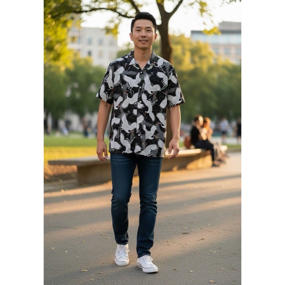 American Eagle Seriously Soft Men’s XL Crane Bird Print Camp Shirt Black White